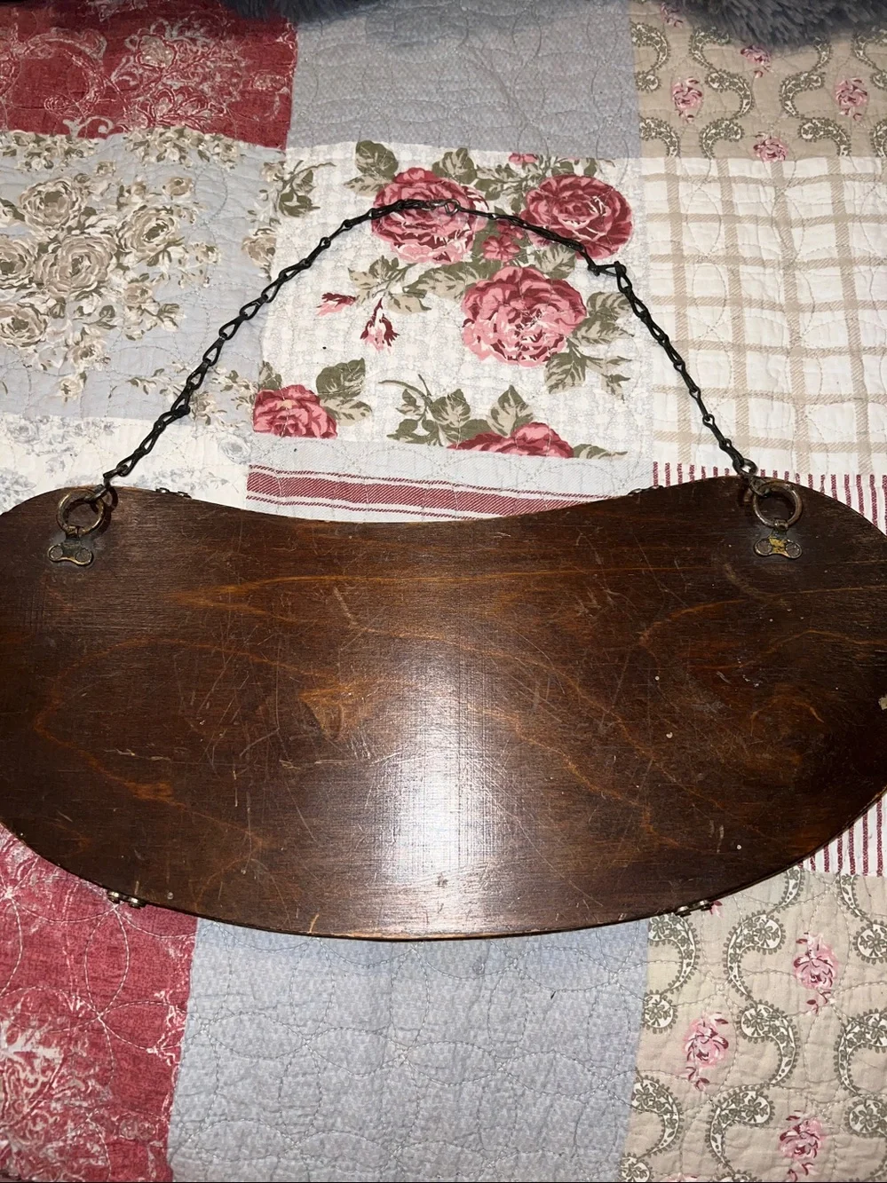 Antique Art Deco Beveled kidney shape hanging mirror w chain